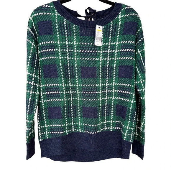 NWT Crown & Ivy Navy Plaid Holiday Party Ribbon Tie Sweater Size Small - Picture 2 of 6